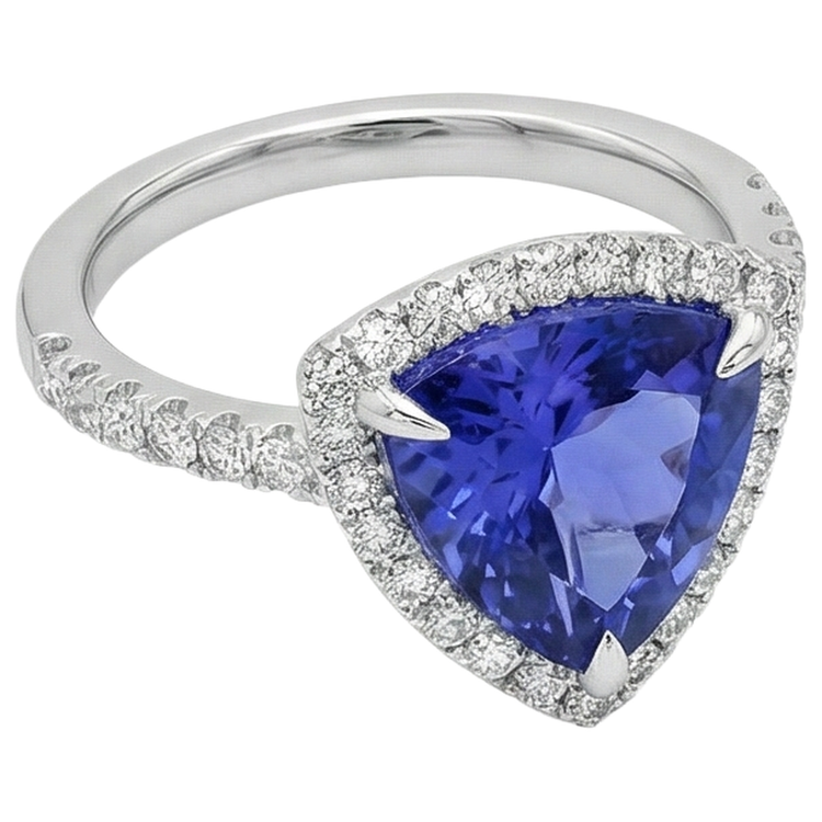 Bague Tanzanite De Forme Trillion 9 Carats Avec Diamants Ronds Or Blanc