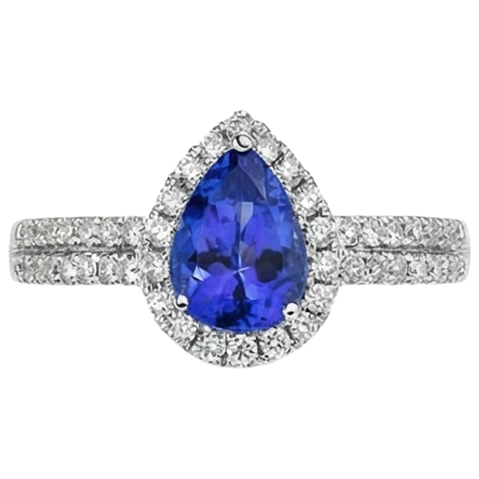 Bague Tanzanite Forme Poire Bleue Et Diamants Naturels Extraits des Mines ( et non cultivés en laboratoire ) Ronds 4.75 Ct Or 14K