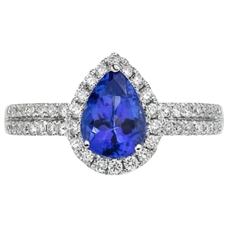 Bague Tanzanite Forme Poire Bleue Et Diamants Naturels Extraits des Mines ( et non cultivés en laboratoire ) Ronds 4.75 Ct Or 14K