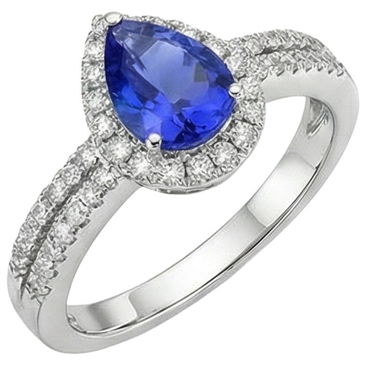 Bague Tanzanite Forme Poire Bleue Et Diamants Naturels Extraits des Mines ( et non cultivés en laboratoire ) Ronds 4.75 Ct Or 14K