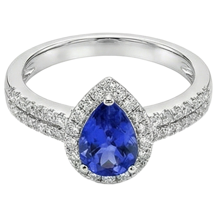 Bague Tanzanite Forme Poire Bleue Et Diamants Naturels Extraits des Mines ( et non cultivés en laboratoire ) Ronds 4.75 Ct Or 14K