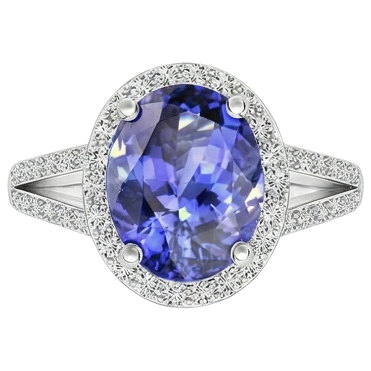 Bague Tanzanite Halo 6 Ct Avec Diamants Or Blanc 14K