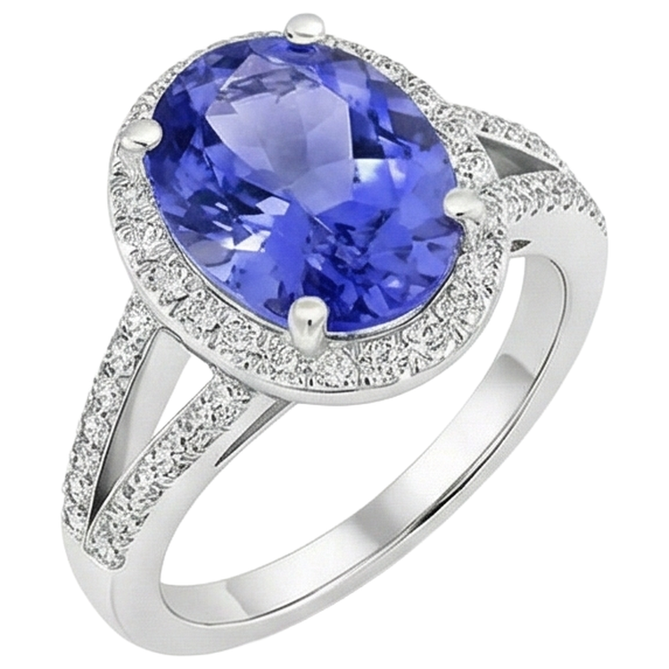 Bague Tanzanite Halo 6 Ct Avec Diamants Or Blanc 14K