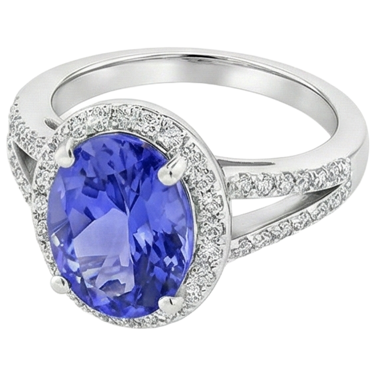 Bague Tanzanite Halo 6 Ct Avec Diamants Or Blanc 14K