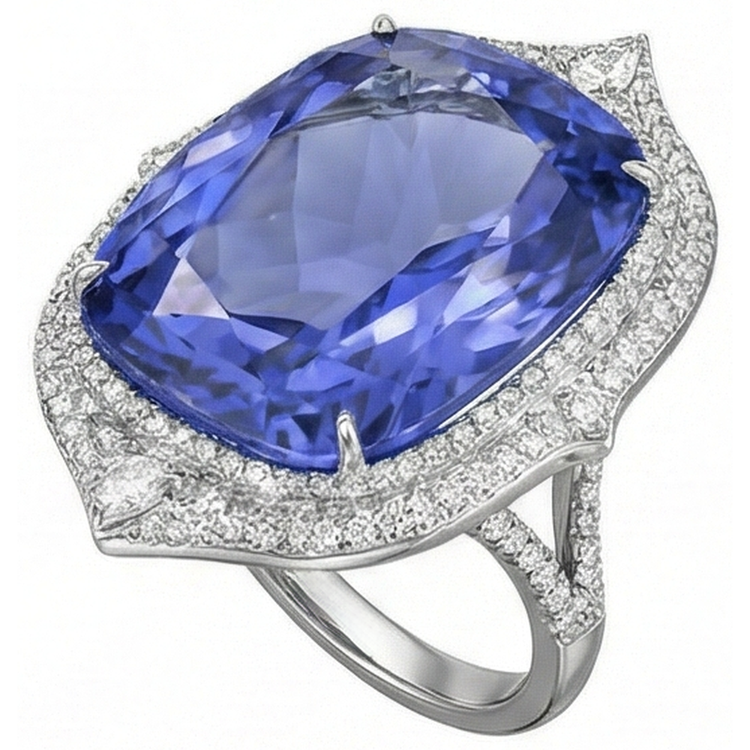 Bague Tanzanite Naturelle Avec Diamants 23.75 Ct Or Blanc 14K