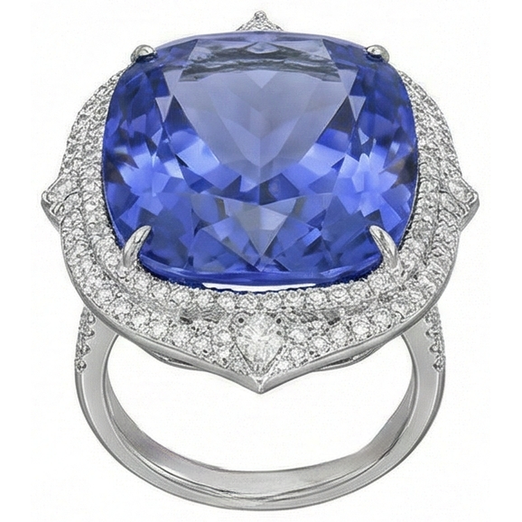Bague Tanzanite Naturelle Avec Diamants 23.75 Ct Or Blanc 14K