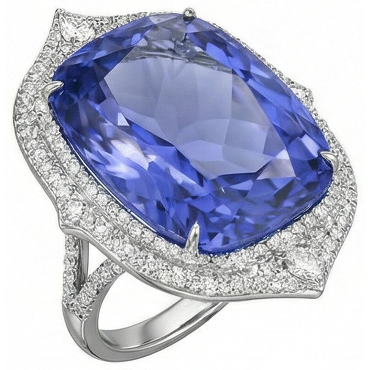 Bague Tanzanite Naturelle Avec Diamants 23.75 Ct Or Blanc 14K