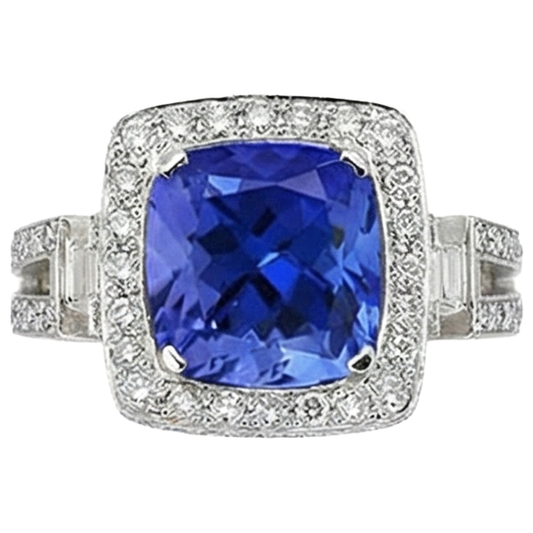 Bague Tanzanite Naturelle Avec Diamants 5.40 Ct Or Blanc 14K
