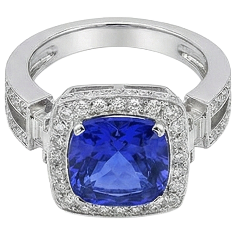 Bague Tanzanite Naturelle Avec Diamants 5.40 Ct Or Blanc 14K