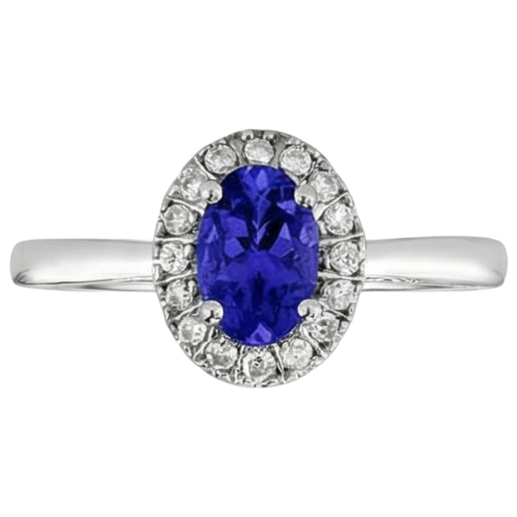 Bague Tanzanite Ovale 17 Carats Avec Diamants Ronds Or Blanc 14K