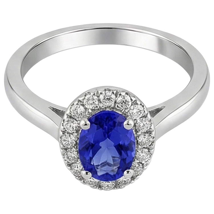 Bague Tanzanite Ovale 17 Carats Avec Diamants Ronds Or Blanc 14K