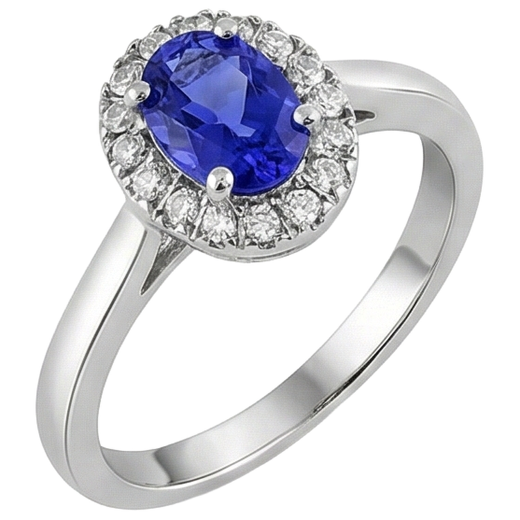 Bague Tanzanite Ovale 17 Carats Avec Diamants Ronds Or Blanc 14K