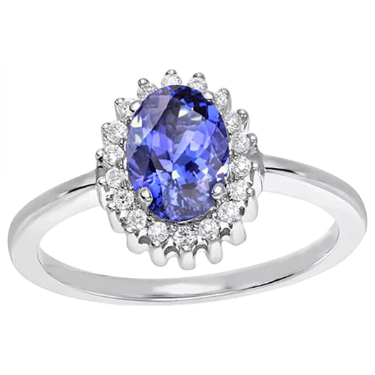 Bague Tanzanite Ovale Avec Diamants Naturels Extraits des Mines ( et non cultivés en laboratoire ) 9 Ct Or Blanc 14K