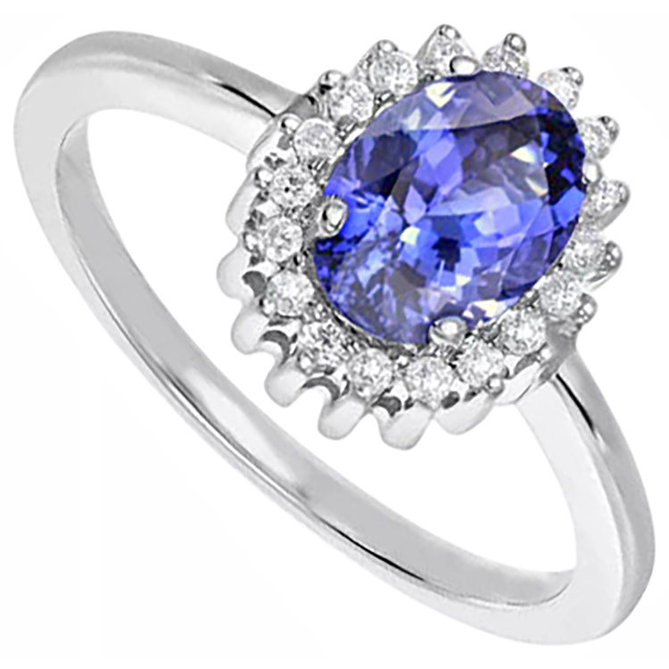 Bague Tanzanite Ovale Avec Diamants Naturels Extraits des Mines ( et non cultivés en laboratoire ) 9 Ct Or Blanc 14K