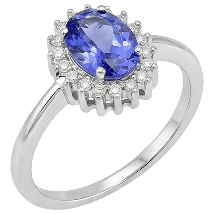 Bague Tanzanite Ovale Avec Diamants Naturels Extraits des Mines ( et non cultivés en laboratoire ) 9 Ct Or Blanc 14K