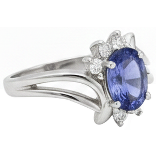 Bague Tanzanite Ovale Style Antique Diamants Naturels Extraits des Mines ( et non cultivés en laboratoire ) 2.05 Carats Or Blanc