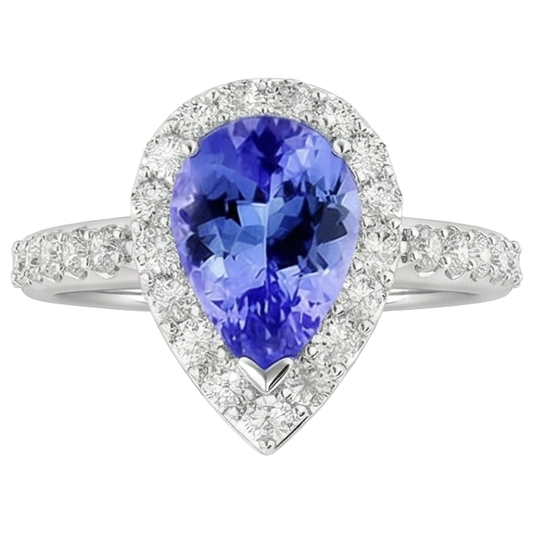 Bague Tanzanite Poire Avec Diamants Ronds 3.95 Carats Or Blanc 14K