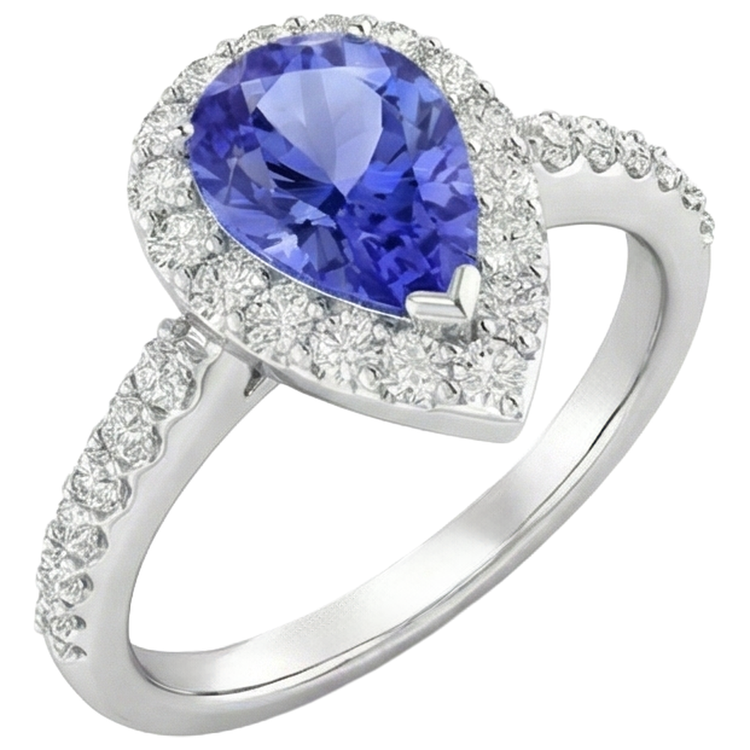 Bague Tanzanite Poire Avec Diamants Ronds 3.95 Carats Or Blanc 14K