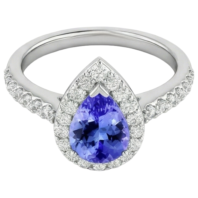 Bague Tanzanite Poire Avec Diamants Ronds 3.95 Carats Or Blanc 14K