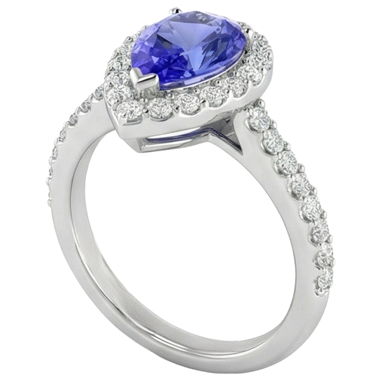 Bague Tanzanite Poire Avec Diamants Ronds 3.95 Carats Or Blanc 14K