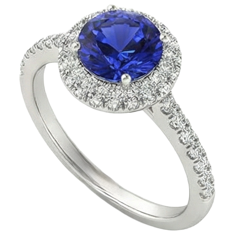 Bague Tanzanite Ronde Taille Brillante 6.75 Ct Et Diamants Or Blanc