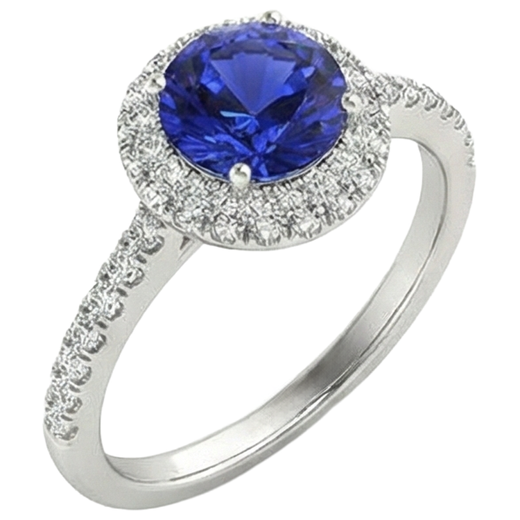 Bague Tanzanite Ronde Taille Brillante 6.75 Ct Et Diamants Or Blanc