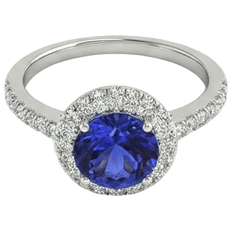 Bague Tanzanite Ronde Taille Brillante 6.75 Ct Et Diamants Or Blanc