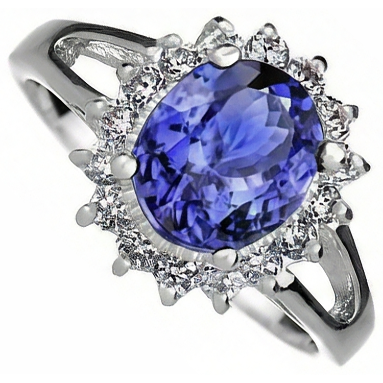 Bague Tanzanite Taille Ovale 22.75 Carats Avec Diamants Or Blanc 14K