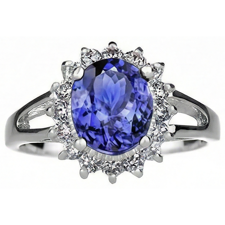 Bague Tanzanite Taille Ovale 22.75 Carats Avec Diamants Or Blanc 14K