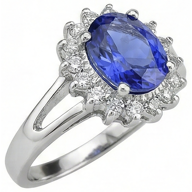 Bague Tanzanite Taille Ovale 22.75 Carats Avec Diamants Or Blanc 14K