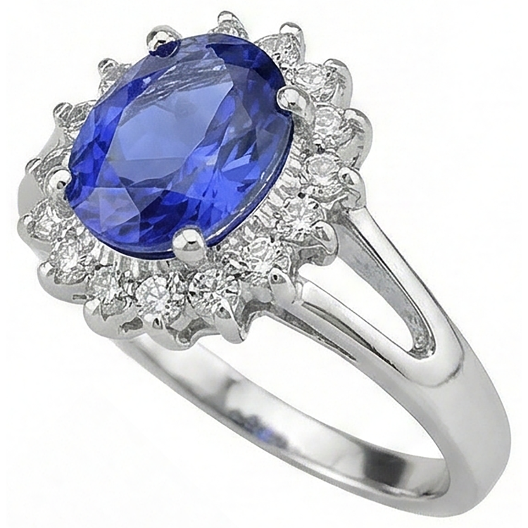 Bague Tanzanite Taille Ovale 22.75 Carats Avec Diamants Or Blanc 14K