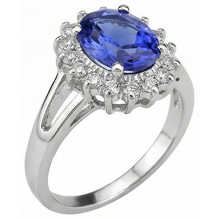 Bague Tanzanite Taille Ovale 22.75 Carats Avec Diamants Or Blanc 14K