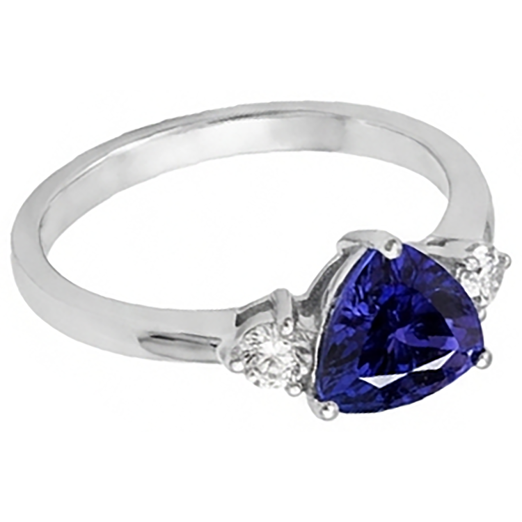 Bague Tanzanite Trillion Diamant Naturels Extraits des Mines ( et non cultivés en laboratoire ) 3 Pierres 2 Carats Or Blanc 14K