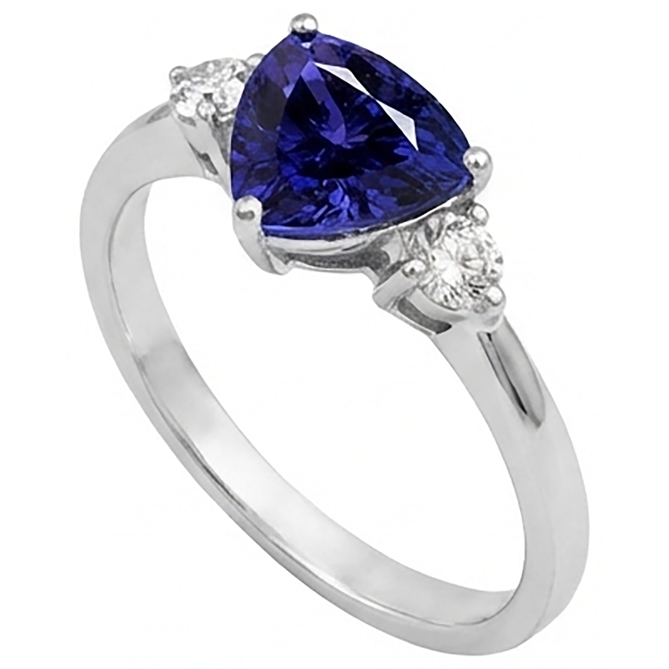 Bague Tanzanite Trillion Diamant Naturels Extraits des Mines ( et non cultivés en laboratoire ) 3 Pierres 2 Carats Or Blanc 14K