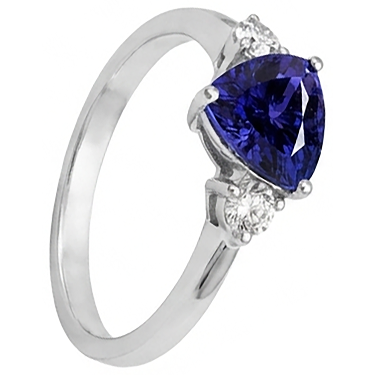 Bague Tanzanite Trillion Diamant Naturels Extraits des Mines ( et non cultivés en laboratoire ) 3 Pierres 2 Carats Or Blanc 14K