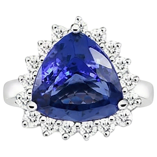 Bague Tanzanite & Diamants Naturels Extraits des Mines ( et non cultivés en laboratoire ) Ronds 4.60 Carat Or Blanc 14K