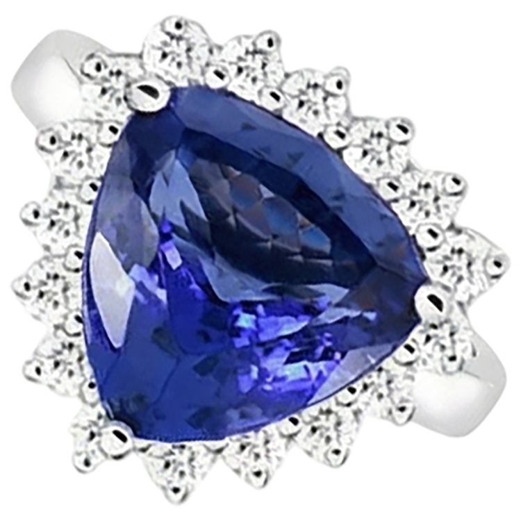 Bague Tanzanite & Diamants Naturels Extraits des Mines ( et non cultivés en laboratoire ) Ronds 4.60 Carat Or Blanc 14K