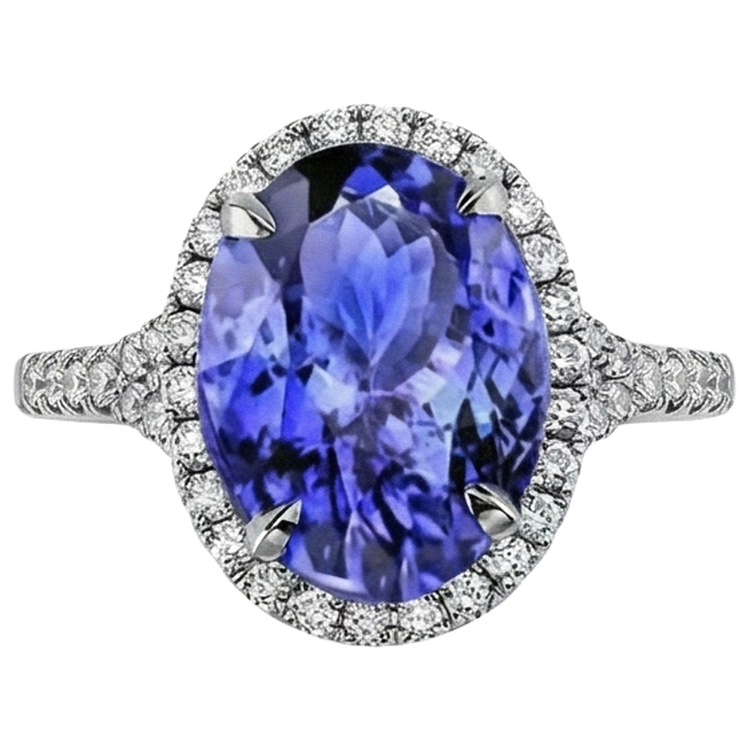 Bague Tanzanite de 6.85 ct avec halo de diamants en or blanc 14K