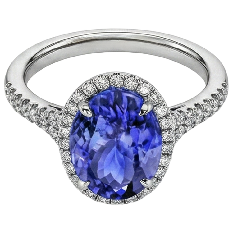 Bague Tanzanite de 6.85 ct avec halo de diamants en or blanc 14K
