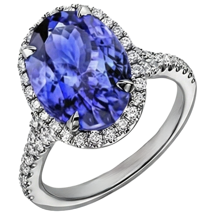 Bague Tanzanite de 6.85 ct avec halo de diamants en or blanc 14K