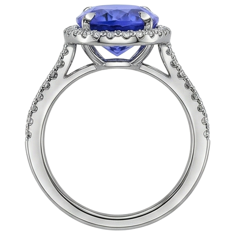 Bague Tanzanite de 6.85 ct avec halo de diamants en or blanc 14K