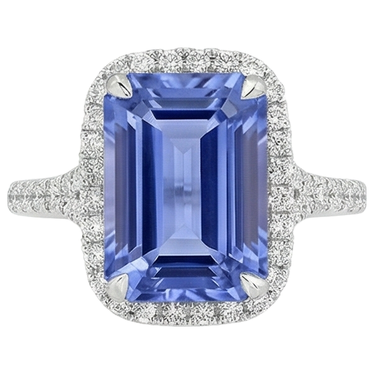 Bague Tanzanite en forme d'émeraude de 8.75 ct avec diamants ronds en or Nouveau
