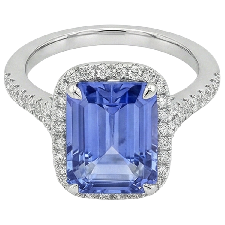 Bague Tanzanite en forme d'émeraude de 8.75 ct avec diamants ronds en or Nouveau