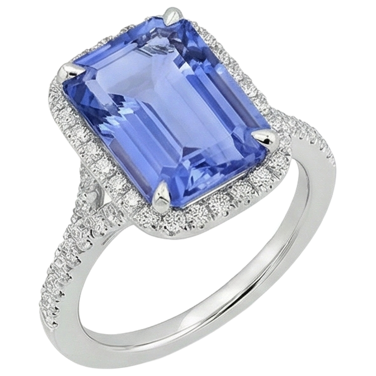 Bague Tanzanite en forme d'émeraude de 8.75 ct avec diamants ronds en or Nouveau