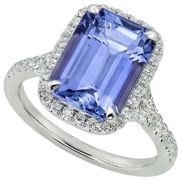 Bague Tanzanite en forme d'émeraude de 8.75 ct avec diamants ronds en or Nouveau