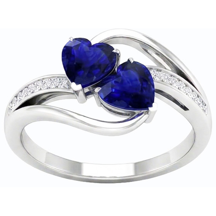 Bague Toi et Moi 2 Pierres Coeur Saphir Bleu Diamant Rond 3.50 Carats