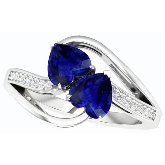 Bague Toi et Moi 2 Pierres Coeur Saphir Bleu Diamant Rond 3.50 Carats