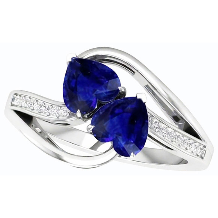 Bague Toi et Moi 2 Pierres Coeur Saphir Bleu Diamant Rond 3.50 Carats