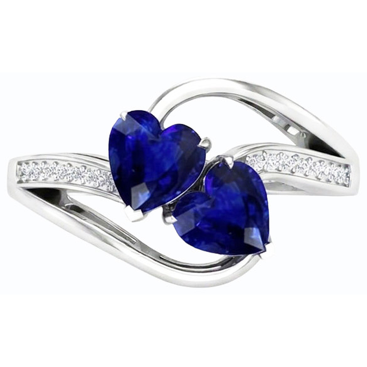 Bague Toi et Moi 2 Pierres Coeur Saphir Bleu Diamant Rond 3.50 Carats
