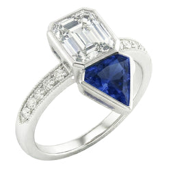 Bague Toi et Moi Asscher Diamant & Saphir de Ceylan 3.50 Carats Millgrain